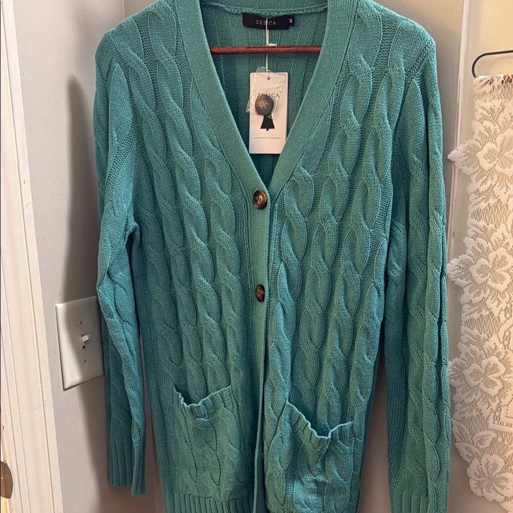 Zara Blue Cable Knit Cardigan Sweater